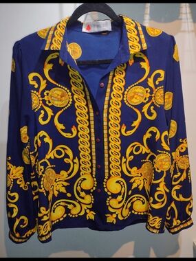 Unique Vintage Navy and Gold Baroque Print Button-Up Blouse (Size M)